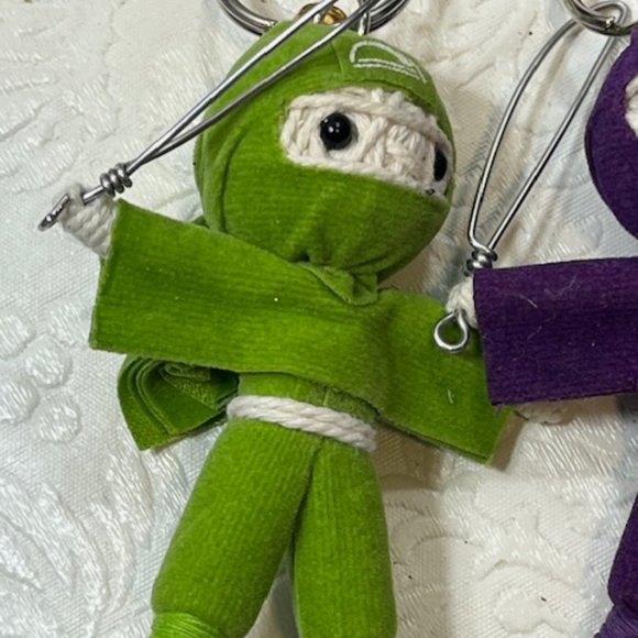 TWO Ninja String Doll Keychain Toys w/Swords Purple/Lime Green 2.5" x 3" NEW - Picture 7 of 9